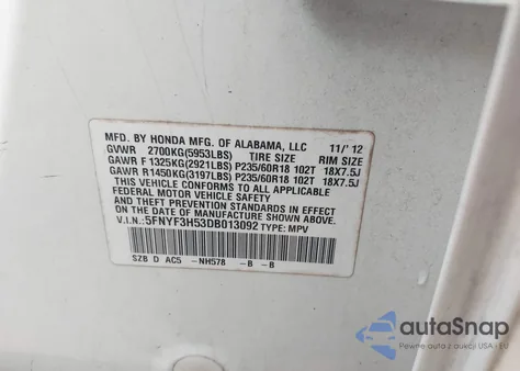 2013 Honda Pilot Ex-L from USA, damaged, VIN 5FNYF3H53DB013092